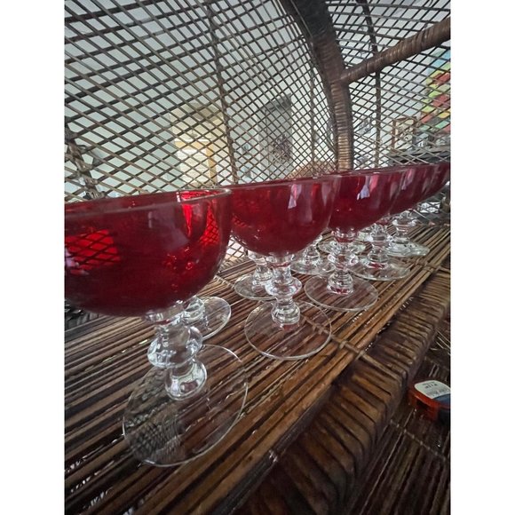 Set of 10 VIntage Small Ruby Red Clear Stem Wine Glasses/Champagne Glasses - Picture 1 of 7